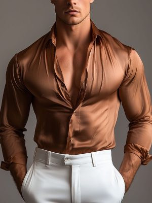 Men's Solid Satin Long Sleeve Dress Shirt – Smooth Glossy Formal Casual Button-Down Top