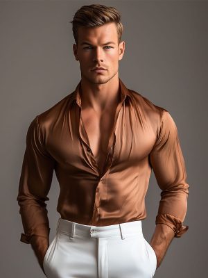 Men's Solid Satin Long Sleeve Dress Shirt – Smooth Glossy Formal Casual Button-Down Top