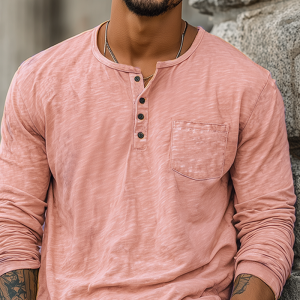 Men's Bamboo Cotton Long Sleeve T-Shirt with Henry Collar – Lightweight Casual Tee for Spring & Summer, Fast 24-Hour Shipping