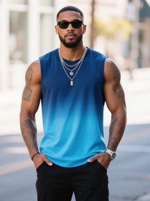 Men's Blue Gradient Tank Top - Casual Round Neck Sleeveless T-Shirt for Summer