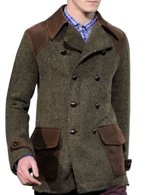 Vintage Herringbone Wool & Suede Patchwork Double-Breasted Casual Coat – Ships in 24 Hours