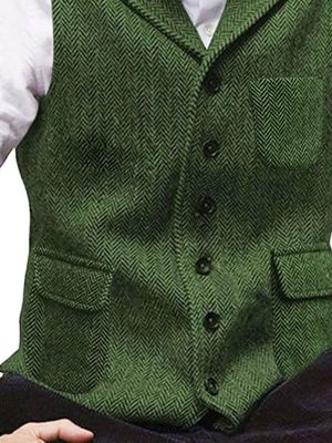 Men's Herringbone Tweed Vest – Single-Breasted Pocket Suit Waistcoat for Formal & Vintage Style