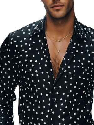 Men's Black and White Polka Dot Long Sleeve Dress Shirt - Casual Cotton Button Down