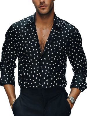 Men's Black and White Polka Dot Long Sleeve Dress Shirt - Casual Cotton Button Down