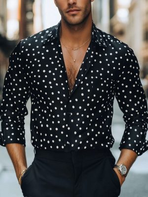 Men's Black and White Polka Dot Long Sleeve Dress Shirt - Casual Cotton Button Down