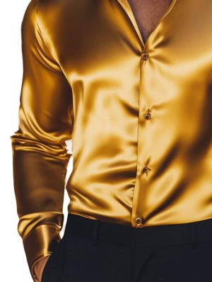 Men's Gold Satin Dress Shirt with Long Sleeves – Formal Luxury Button-Down Top