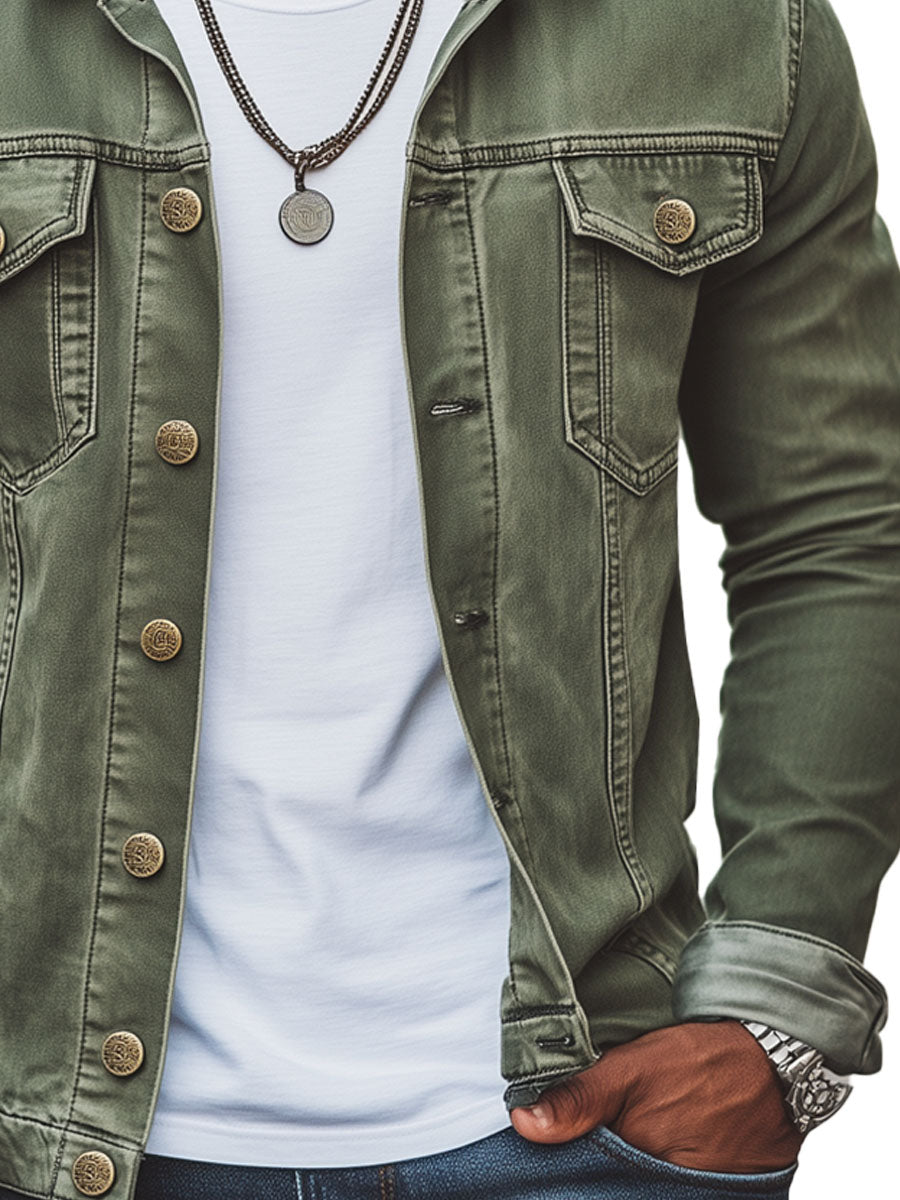 Men's Vintage Green Denim Jacket with Double Pockets – Fast 24-Hour Shipping