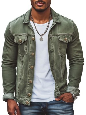 Men's Vintage Green Denim Jacket with Double Pockets – Fast 24-Hour Shipping