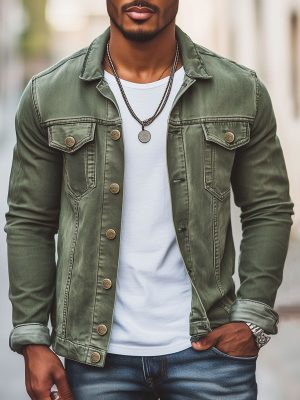 Men's Vintage Green Denim Jacket with Double Pockets – Fast 24-Hour Shipping