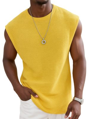 Yellow Waffle Knit Tank Top for Women – Wide Shoulder Casual Top with 24-Hour Shipping