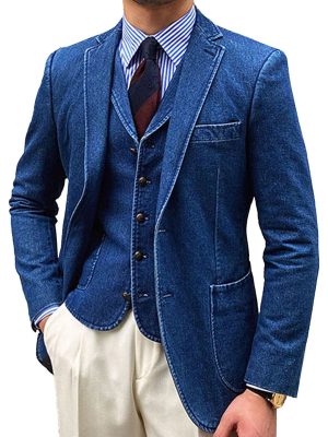 Men's Vintage Denim Blazer with Front Pockets – Solid Color Casual Jacket, Ships in 24 Hours