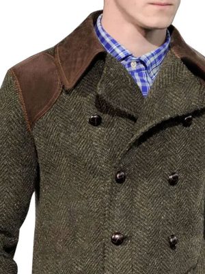 Vintage Herringbone Wool & Suede Patchwork Double-Breasted Casual Coat – Ships in 24 Hours