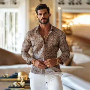 Men's Vintage Print Long Sleeve Shirt with Notched Lapel - Fast 24-Hour Shipping