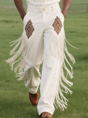 Men's Western Style Embroidered Cotton Overalls with Decorative Tassels