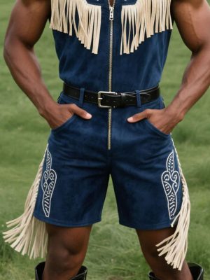 Men's Western Short Sleeveless Jumpsuit with Tassel Embroidery & Zipper Detail – Fast 24-Hour Shipping