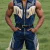 Men's Western Short Sleeveless Jumpsuit with Tassel Embroidery & Zipper Detail – Fast 24-Hour Shipping