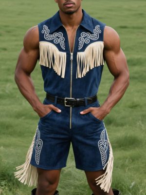 Men's Western Short Sleeveless Jumpsuit with Tassel Embroidery & Zipper Detail – Fast 24-Hour Shipping