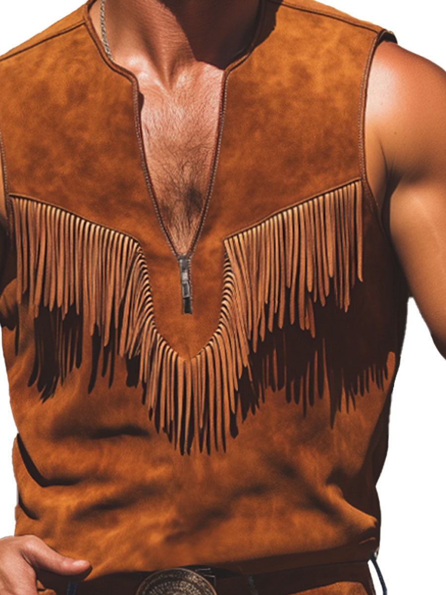 Men's Vintage Western Suede Tank Top with Fringe Detail – Zip-Up Crew Neck, Fast 24-Hour Shipping