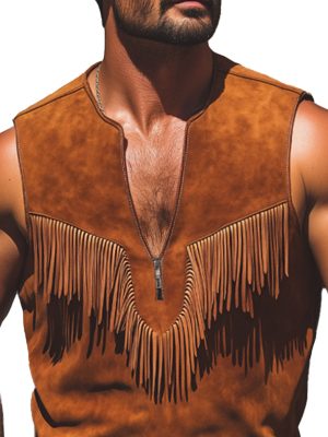 Men's Vintage Western Suede Tank Top with Fringe Detail – Zip-Up Crew Neck, Fast 24-Hour Shipping