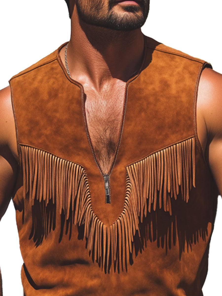 Men's Vintage Western Suede Tank Top with Fringe Detail – Zip-Up Crew Neck, Fast 24-Hour Shipping