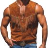 Men's Vintage Western Suede Tank Top with Fringe Detail – Zip-Up Crew Neck, Fast 24-Hour Shipping