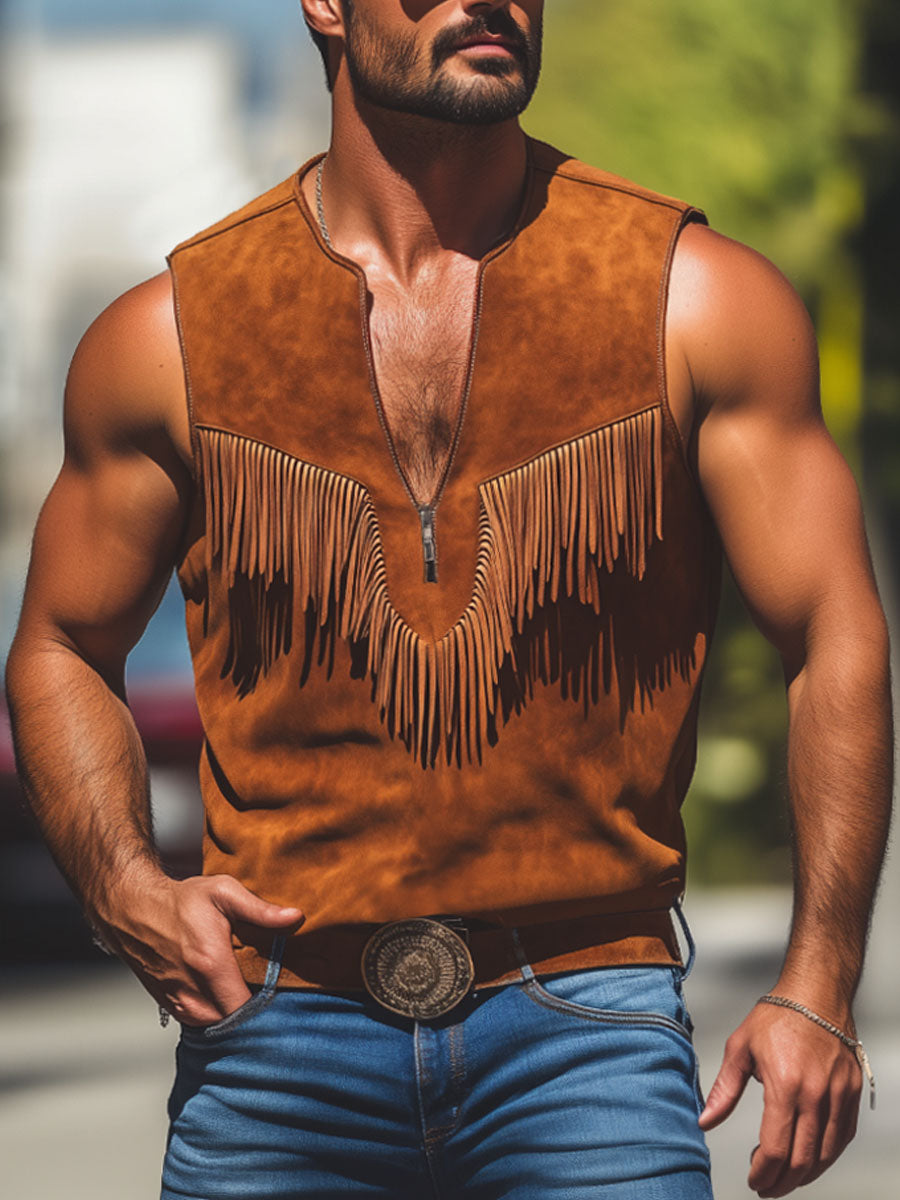 Men's Vintage Western Suede Tank Top with Fringe Detail – Zip-Up Crew Neck, Fast 24-Hour Shipping