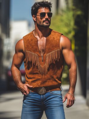 Men's Vintage Western Suede Tank Top with Fringe Detail – Zip-Up Crew Neck, Fast 24-Hour Shipping