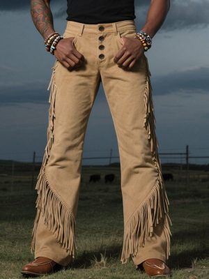 Men's Western Cotton Pants with Fringe Detail – Casual Cowboy Style Trousers