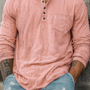 Men's Bamboo Cotton Long Sleeve T-Shirt with Henry Collar – Lightweight Casual Tee for Spring & Summer, Fast 24-Hour Shipping
