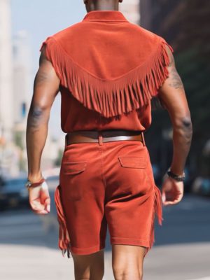 Men's Western-Style Sleeveless Suede Cropped Jumpsuit with Fringe Detail – Ships in 24 Hours