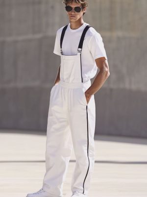Men's White Cotton Wide Leg Overalls – Fast 24-Hour Shipping, Casual Summer Workwear