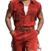 Men's Western-Style Sleeveless Suede Cropped Jumpsuit with Fringe Detail – Ships in 24 Hours