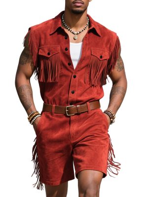 Men's Western-Style Sleeveless Suede Cropped Jumpsuit with Fringe Detail – Ships in 24 Hours