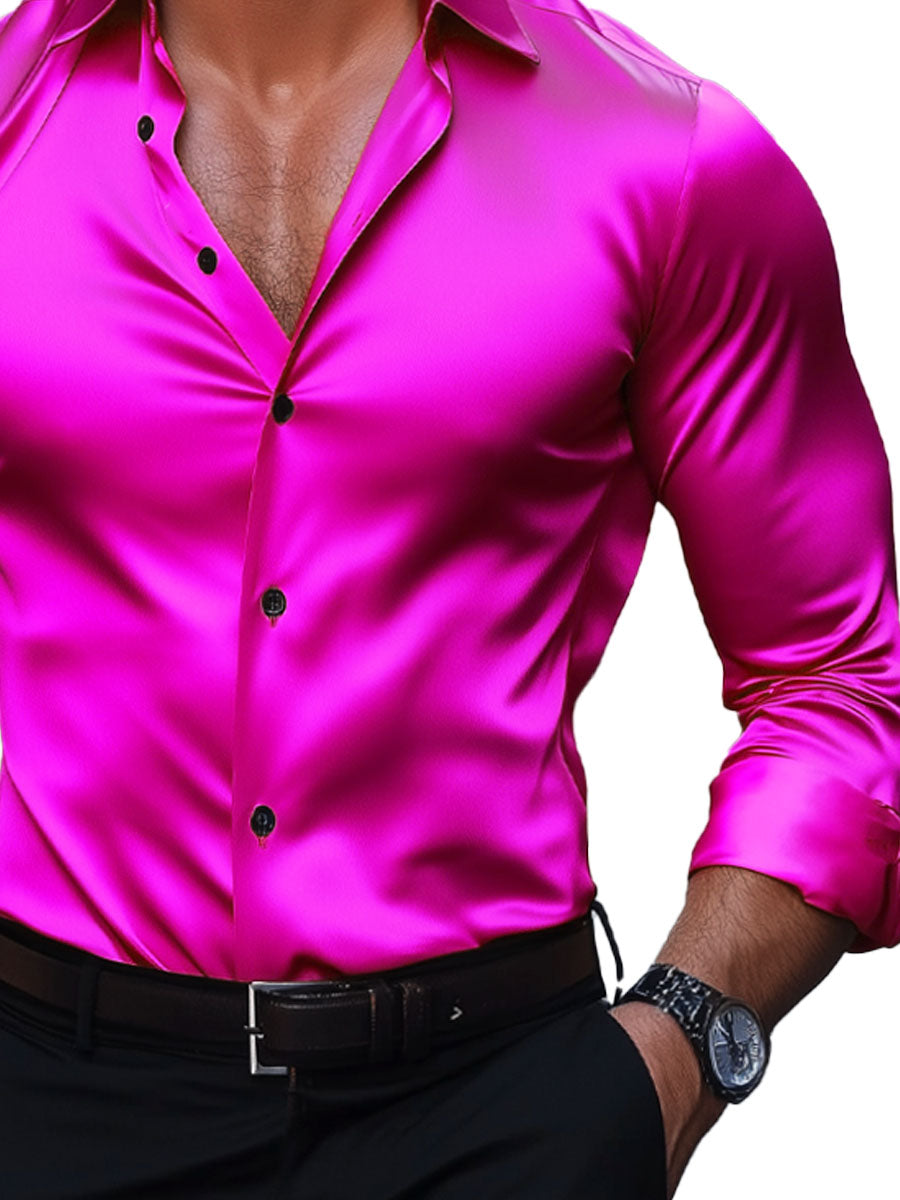 Men's Solid Satin Long Sleeve Dress Shirt – Smooth Luxury Casual Button-Down for Men