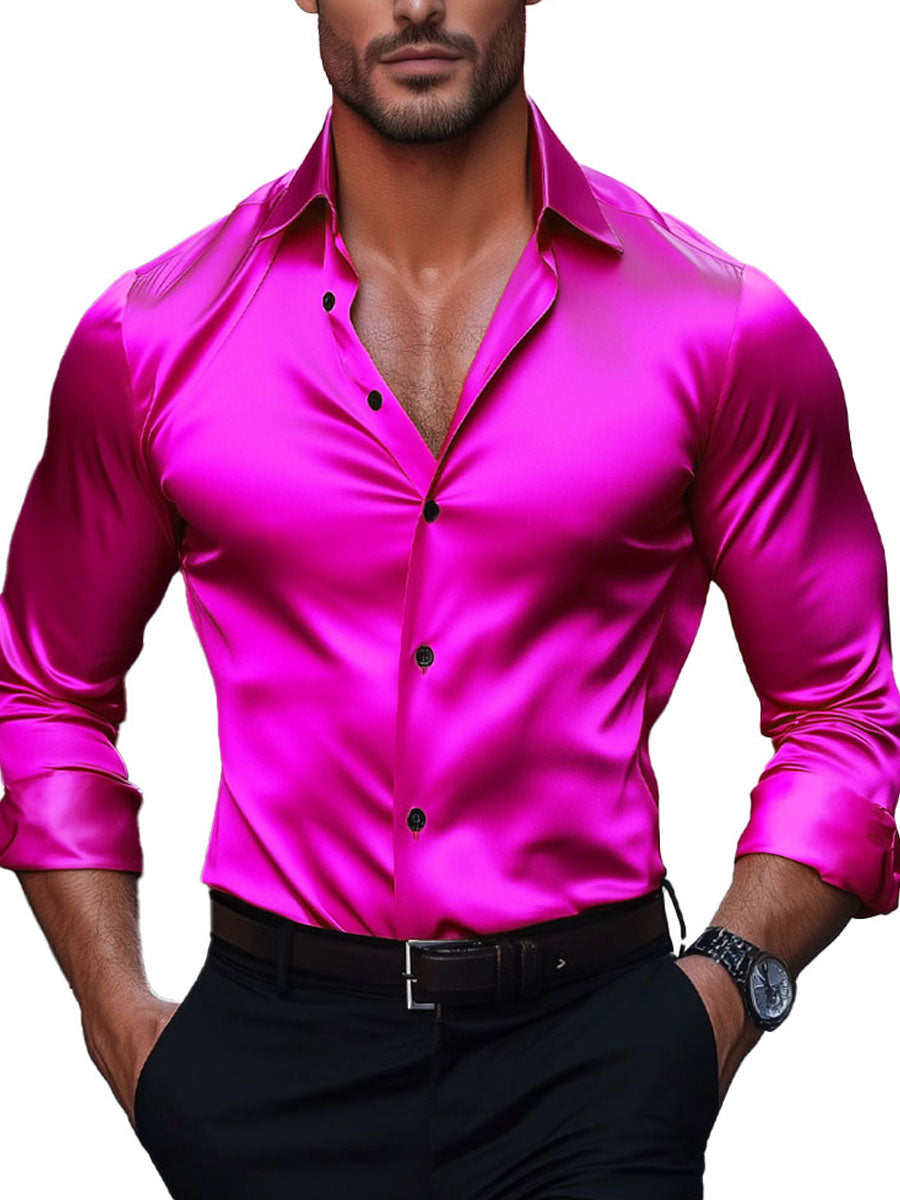 Men's Solid Satin Long Sleeve Dress Shirt – Smooth Luxury Casual Button-Down for Men