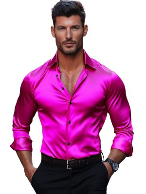 Men's Solid Satin Long Sleeve Dress Shirt – Smooth Luxury Casual Button-Down for Men
