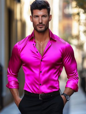 Men's Solid Satin Long Sleeve Dress Shirt – Smooth Luxury Casual Button-Down for Men