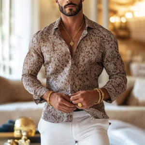 Men's Vintage Print Long Sleeve Shirt with Notched Lapel - Fast 24-Hour Shipping