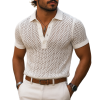 Men's Short Sleeve Plaid Polo Shirt with Hollow-Out Design - Solid Color Knit Lapel Tee (MTA1865F2Z) - Ships in 24 Hours