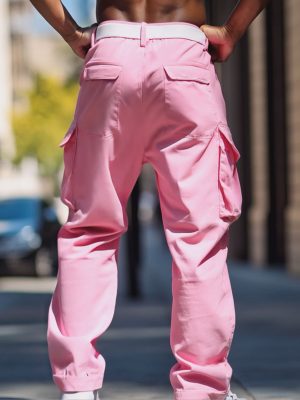 Men's Pink Casual Pants with Multiple Pockets – Fast 24-Hour Shipping