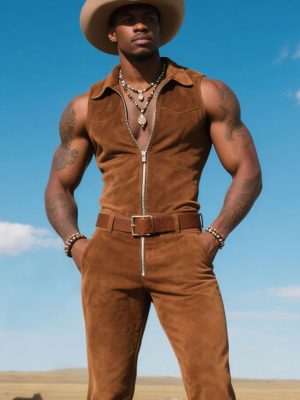 Men's Vintage Western Suede Jumpsuit with Embroidered Detail – Retro Cowboy One-Piece Outfit