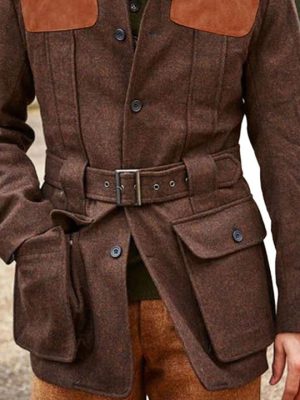 Suede Wool Blend Patchwork Casual Jacket with Double Pockets & Lace-Up Design – Ships in 24 Hours