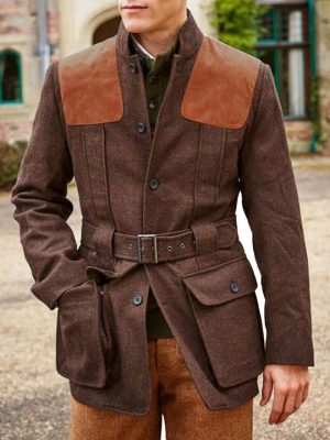 Suede Wool Blend Patchwork Casual Jacket with Double Pockets & Lace-Up Design – Ships in 24 Hours