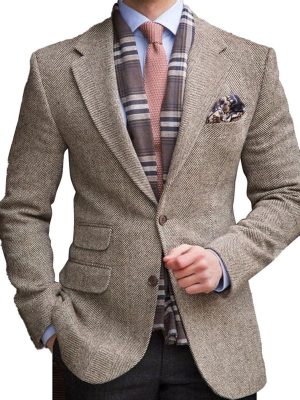 Vintage Herringbone Blazer – Single-Breasted Lapel Jacket with Multi-Pockets, Ships in 24 Hours