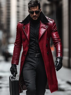 Vintage Double-Breasted Leather Coat with Contrast Lapel – Ships in 24 Hours