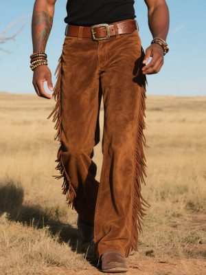 Men's Vintage Suede Western Tassel Pants – Fast 24-Hour Shipping