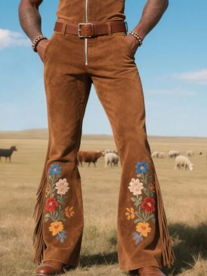 Men's Vintage Western Suede Jumpsuit with Embroidered Detail – Retro Cowboy One-Piece Outfit