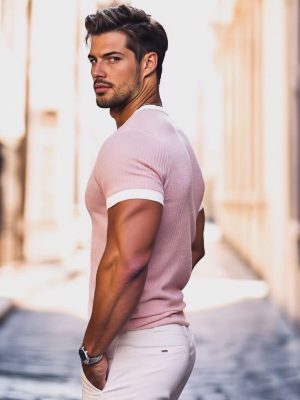 Men's V-Neck Contrast Knit Short Sleeve T-Shirt – Fast 24-Hour Shipping