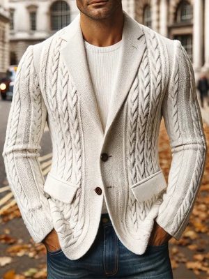 Fashionable Solid Color Knitted Blazer Jacket with Notched Lapel – Ships in 24 Hours