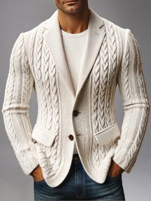 Fashionable Solid Color Knitted Blazer Jacket with Notched Lapel – Ships in 24 Hours